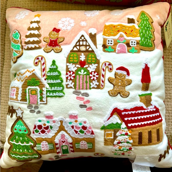 Christmas Gingerbread Town Embroidered Pillow. - Picture 1 of 8